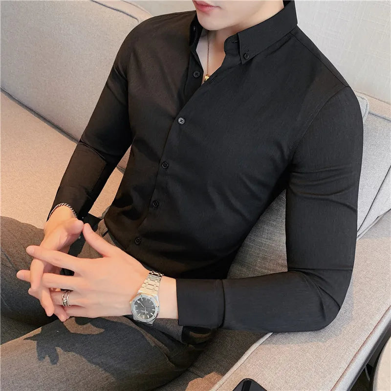 maoxiangshop British Style Men Long Sleeved Shirt Autumn Anti-wrinkle Soft Solid Casual Elastic Slim Fit Camisas Y Blusas Men Clothing