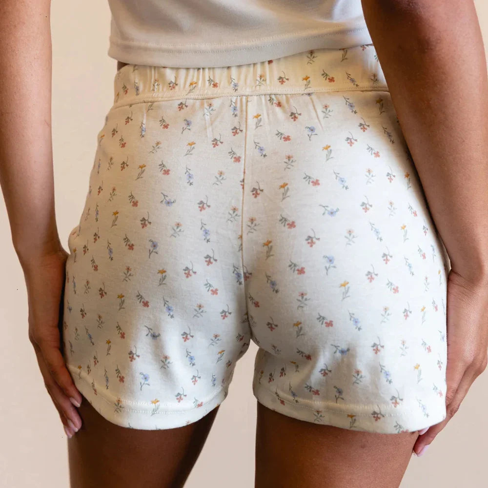 maoxiangshop - Women's Y2K Kawaii Summer Floral Print Button Elastic Mid Waist Cute Lounging Shorts Slim Fit Straight Sleep Bottoms