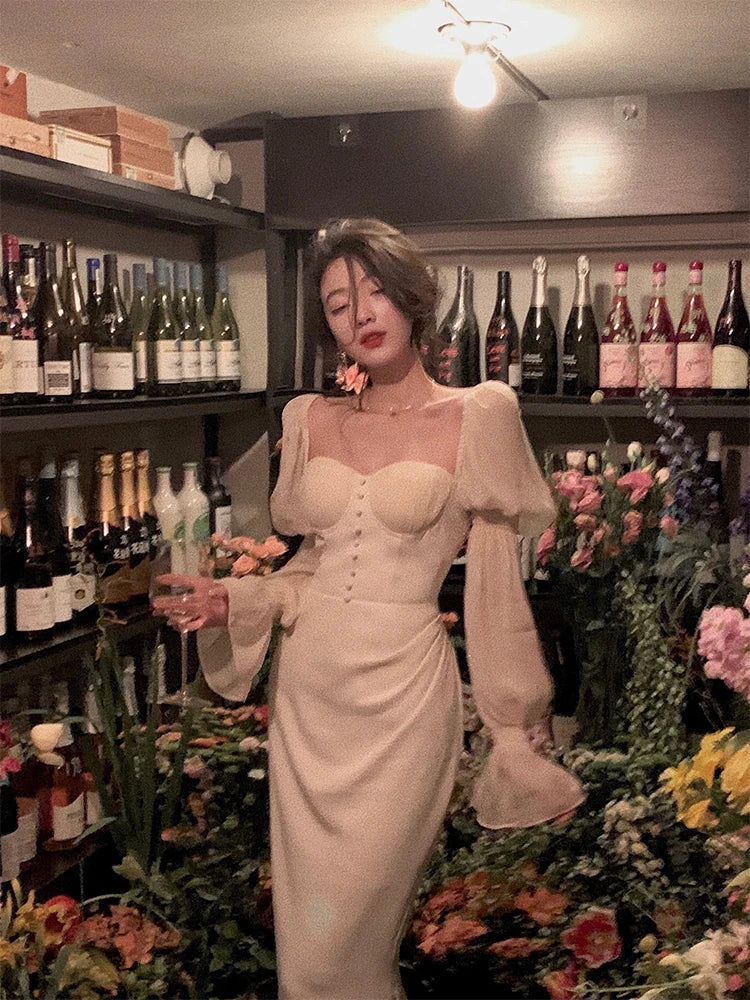 Vintage Women Fashion Elegant Puff Sleeve Midi Corset Maxi Dresses Evening Prom Female Party Lady Clothes Vestdios Summer