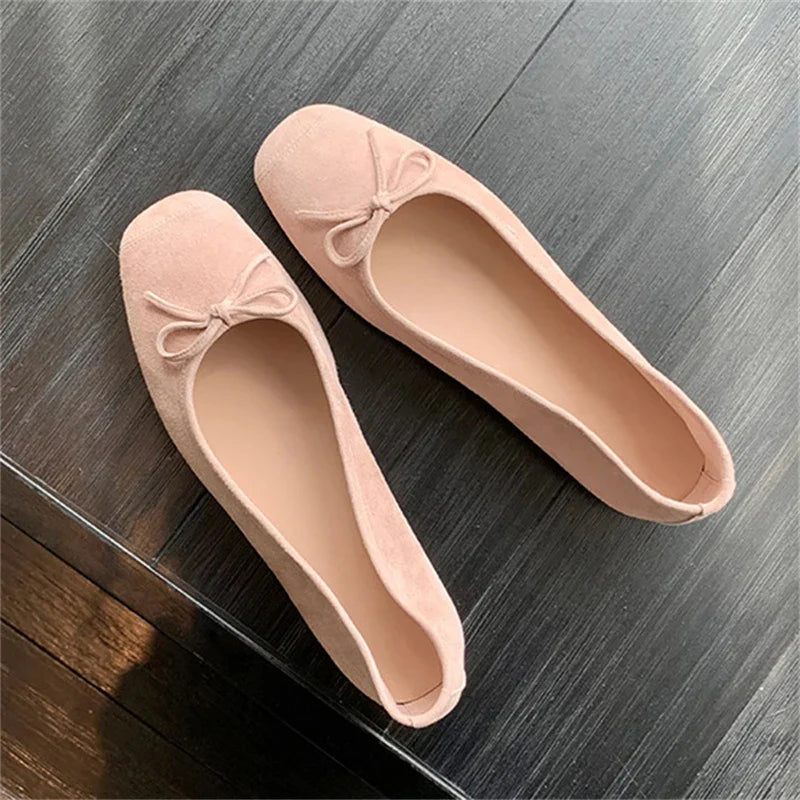 maoxiangshop - Fashion Elegant Silk Ballerinas Women Pumps Slip on Loafers Round Toe Square Heels Bowknot Casual Spring Autumn Shoes