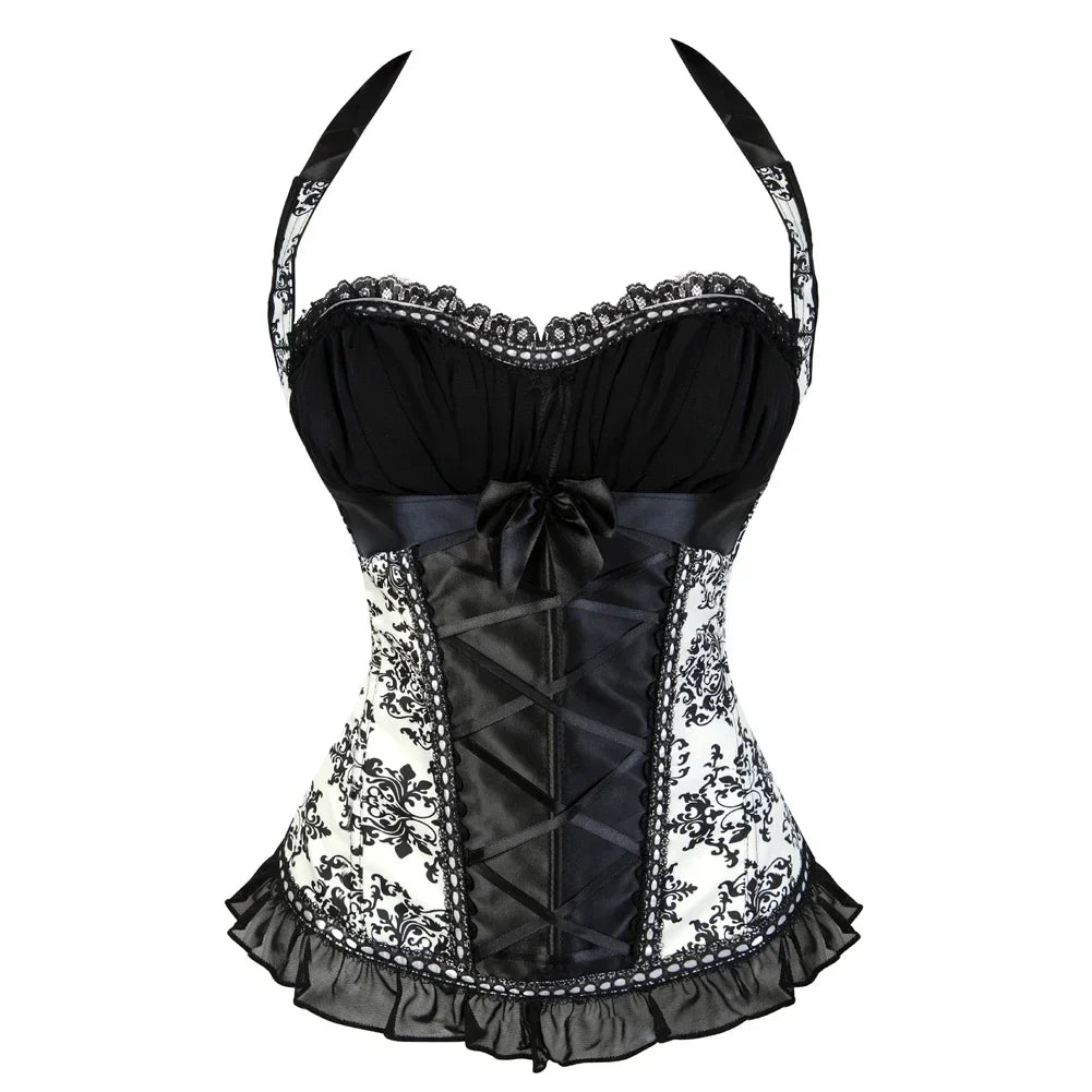 maoxiangshop - Women's Bustiers Corsets Lace Flower Print Corset with Halter straps Brocade Gothic Sexy Lingerie Top Vintage Victoriano Bustier