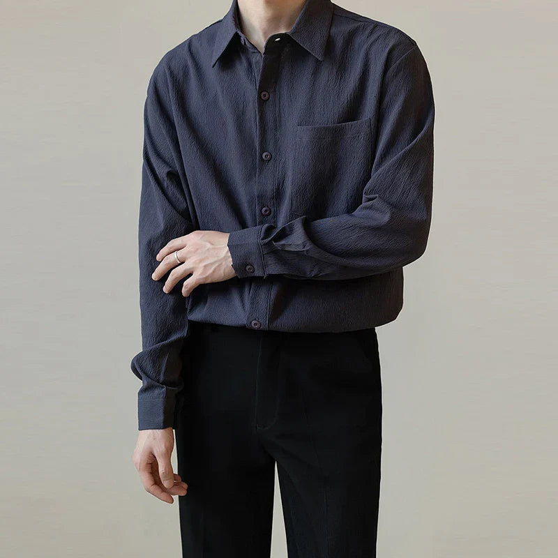 maoxiangshop Luxury Spring Clothing Men's Casual Suit Collar Texture Shirts Vintage Buttons Solid Color Long Sleeve Basic Clothes 2024 New