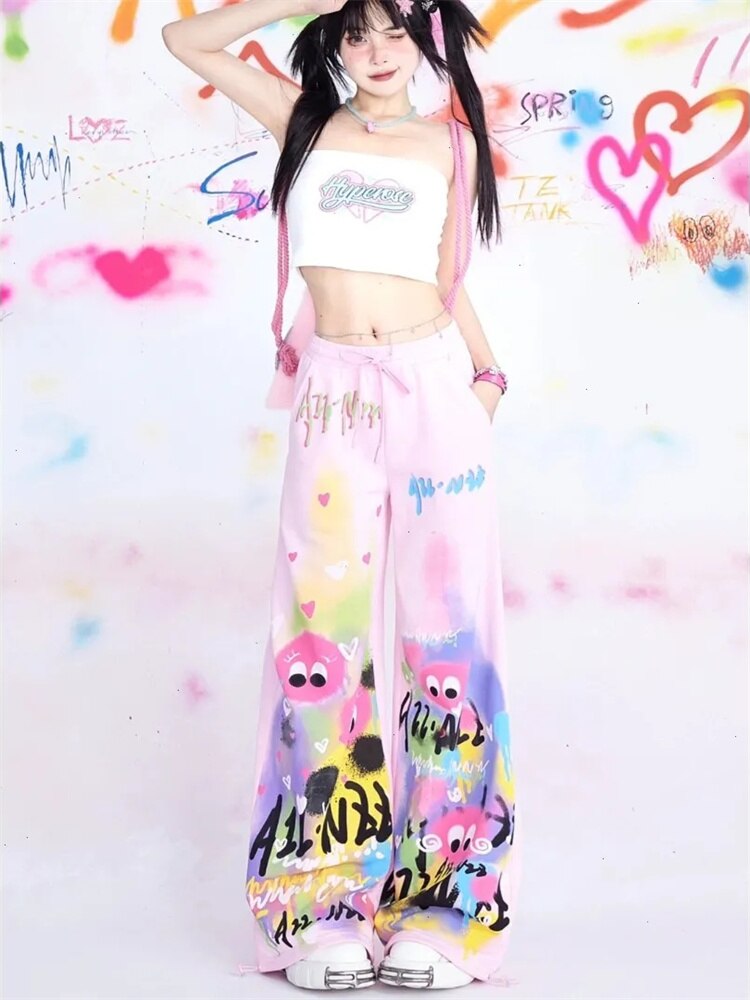 maoxiangshopJapanese Y2K Graffiti Sweatpants Women Harajuku Kawaii Cute Pink Sports Pants Oversized Subculture Egirl Wide Trousers