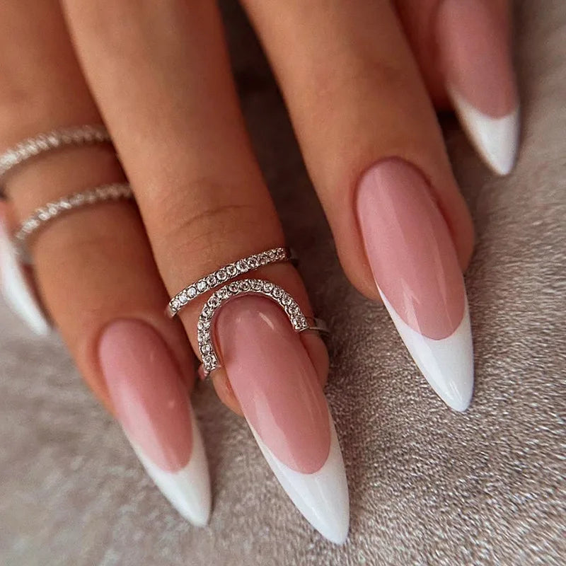 maoxiangshop 24Pcs Aurora French Finished Fake Fingernails Long Stiletto False Nails Almond Spike Head Press on Nails Manicure Nail Supplies