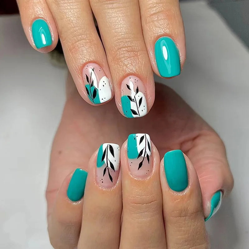maoxiangshop 24Pcs Blue Flower False Nails Almond Cute Heart with French Design Detachable Fake Nails Artificial Press on Nails Tips Art
