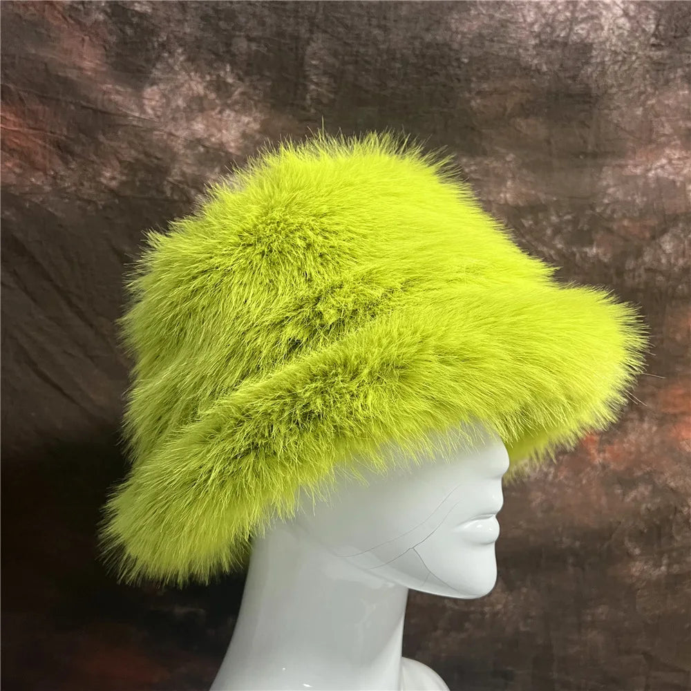maoxiangshop - Luxury Ins Hot Y2k Girls Faux Fox Fur Bucket Hat Women Winter Warm Rabbit Fur Plush Fisherman Hat Cap Festival Party Ski Panama