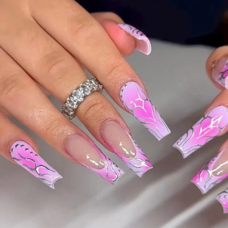 maoxiangshop 24Pcs Long Ballet False Nails Long French Fake Nails with Heart Designs Wearable Coffin Press on Nails Full Cover Nail Tips