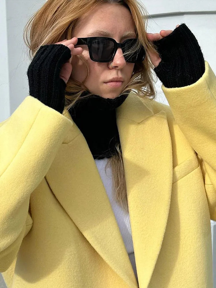 maoxiangshop - Loose Lapel Woolen Long Coats Women Winter Classic Yellow Single Button Pockets Overcoats Female Elegant Casual Street Outwear