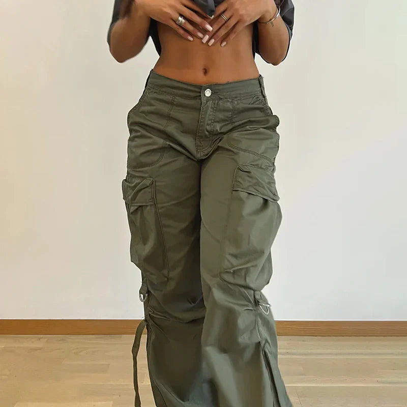 Rockmore Cargos Style Parachute Pants Low Waist Women Joggers Harajuku Pockets Baggy Wide Leg Trousers y2k Streetwear Casual