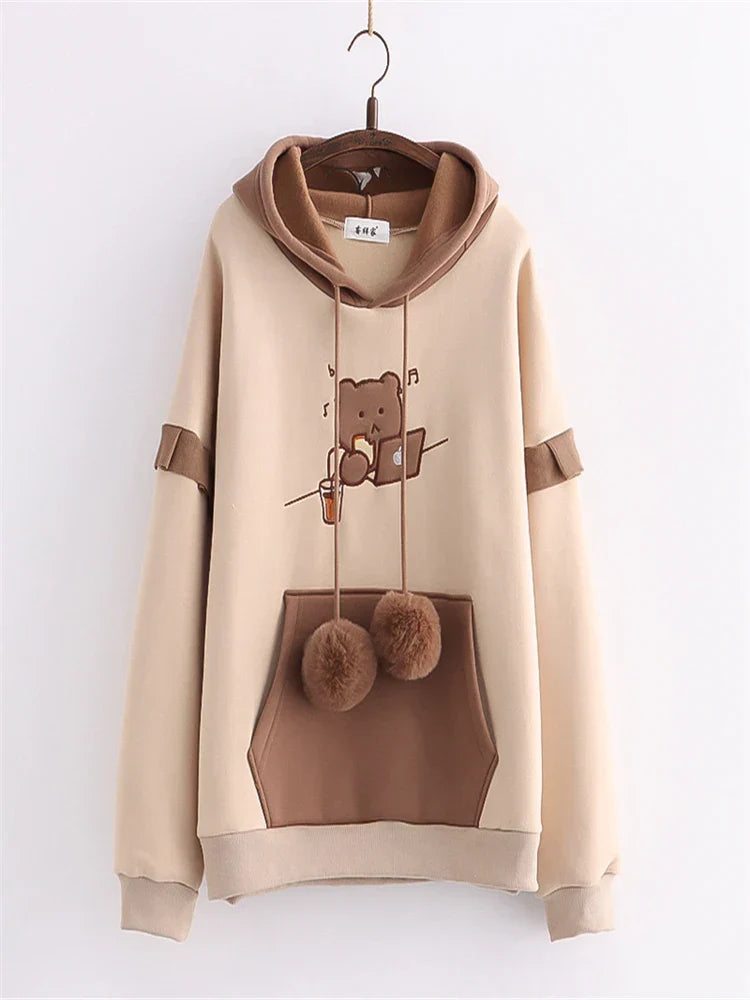 maoxiangshop Sweet Style Kawaii Print Graphic Fleece Women Hoodies Winter Harajuku Cute Drawstring Hoody Sweatshirt Female Pullover Top