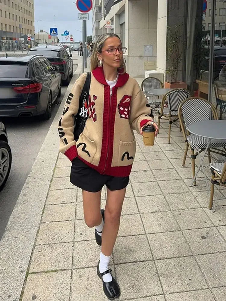 maoxiangshop - Women Fashion Contrasting Printed Knitted Coat Elegant Lapel Long Sleeves Zipper Loose Sweater Cardigan Autumn Lady Warm Coat