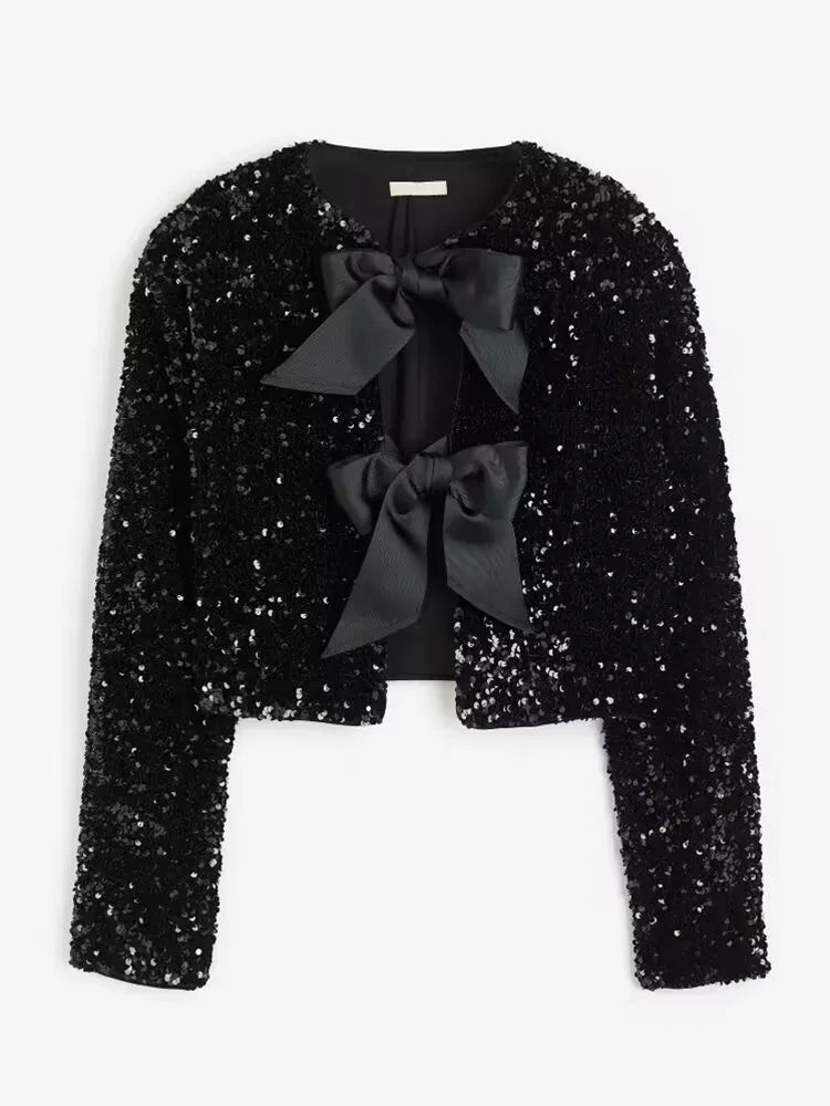 Sequins Sparkling Bow Jackets Women Shiny Evening Christmas Short Coats Female Elegant Long Sleeve Chic Partywear Tops 2023