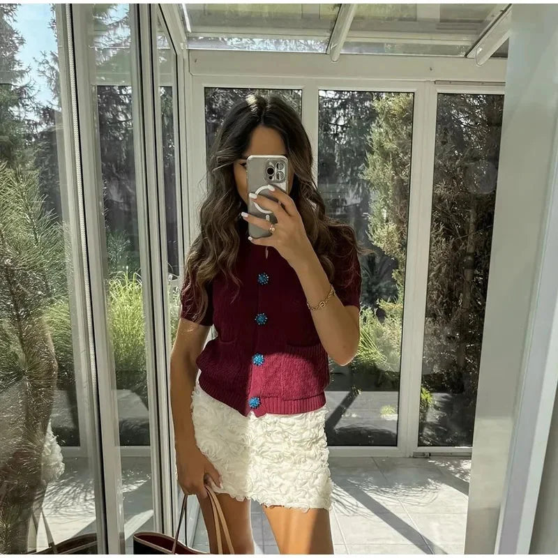 maoxiangshop - Knitted Short Cardigan Women Casual Single Breasted Sweater Female 2024 Autumn Sweater Short Sleeve Knitwear Coat