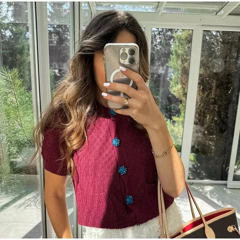 maoxiangshop - Knitted Short Cardigan Women Casual Single Breasted Sweater Female 2024 Autumn Sweater Short Sleeve Knitwear Coat