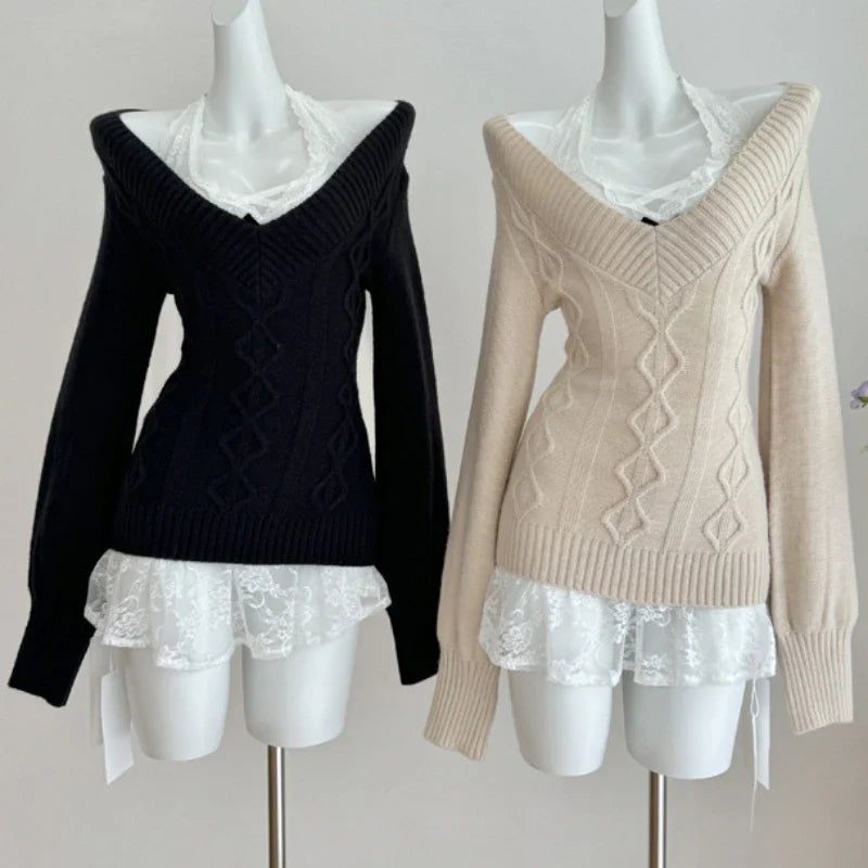 maoxiangshop - 2024 Women Grunge Knitted Twist Sweaters Y2k Aesthetic Women Streetwear Sweet Jumpers Harajuku Vintage Slim Fit Autumn Knitwear