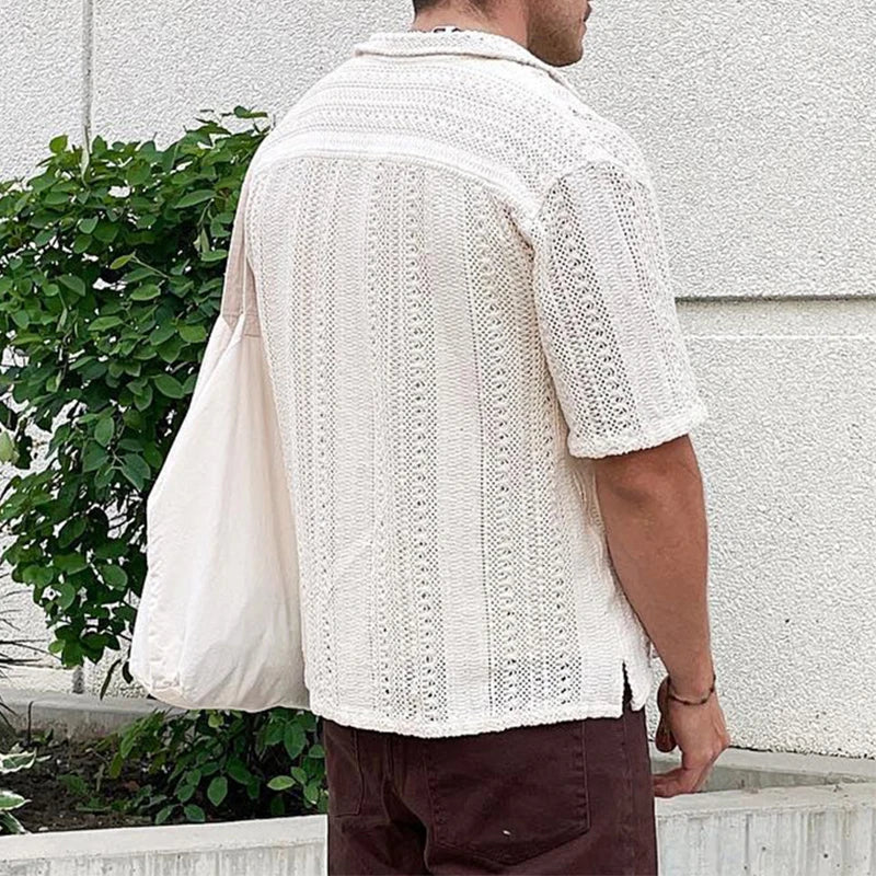 maoxiangshop Vintage Embroidery Knitting Mens Shirts Summer Beach Fashion Loose Short Sleeve Knit Tops For Men New Casual Knitted Cardigans