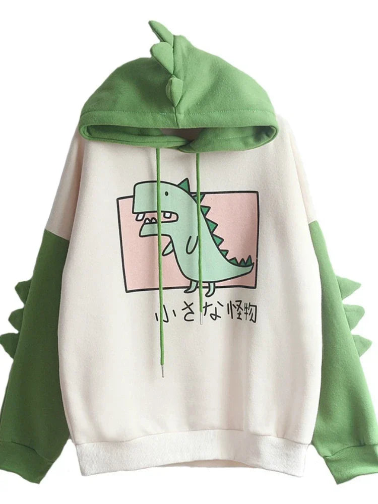 Women Dinosaur Sweatshirts Hooded Warm Fleece Hoodies Pullovers With Horns Harajuku Girls Teens Green Hoodie
