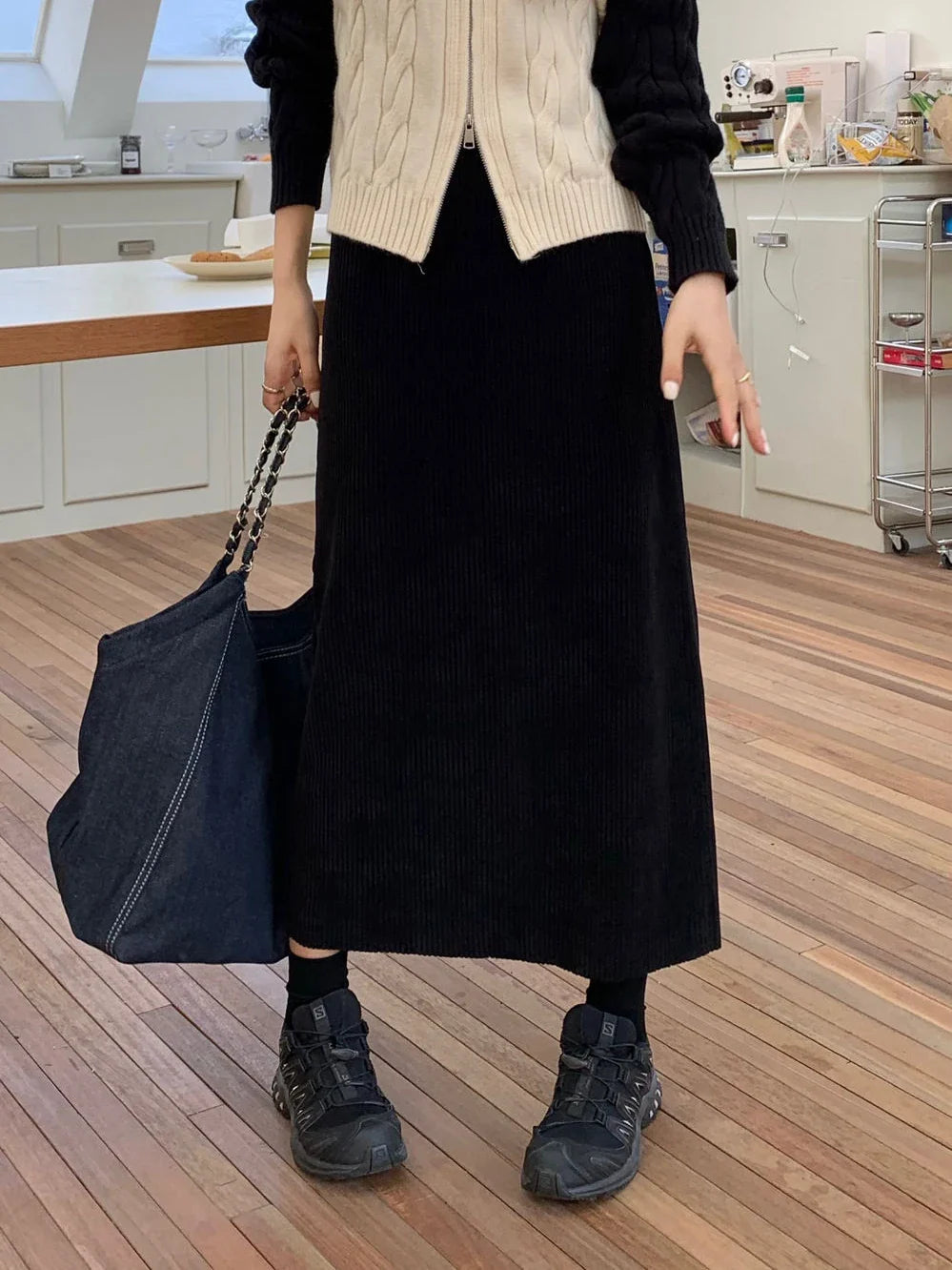 maoxiangshop Corduroy Midi Skirts Women Casual Solid Elegant Harajuku Lovely Females College Warm A-line Elastic High Waist Korean Fashion