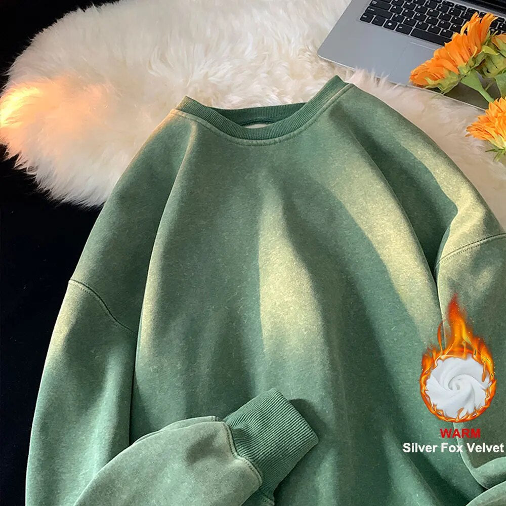 maoxiangshop American Washed Old Pullovers Sweatshirts Men Loose Solid Color Autumn Large Size Warm O Neck Tops Hip Hop Y2k Sweatshirt