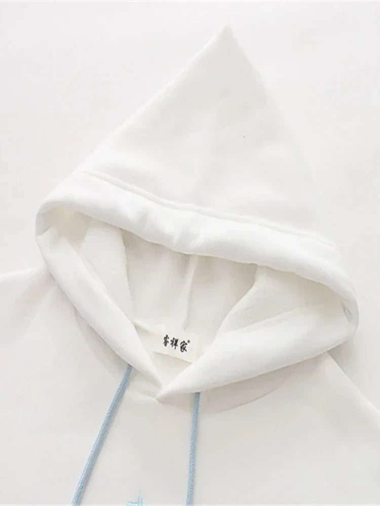 maoxiangshop Japan Style Letter Embroidery Fleece Women Hoodies Patchwork Drawstring Hooded Sweatshirt Winter Female Pullover Tops