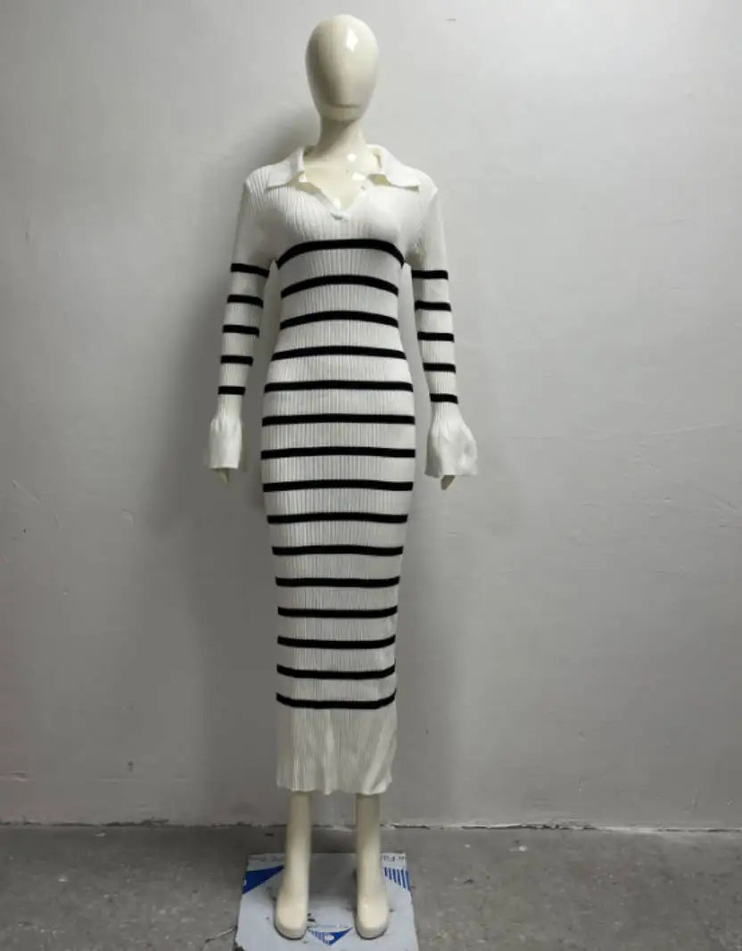 maoxiangshop - Autumn New Fashion Long Sleeve Sweater Dress Women Knitted Dress Lafy Knitted Deep V Sweater Long Black Dress Elegant Vestido