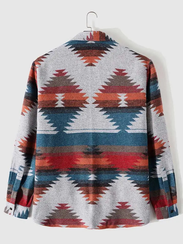 maoxiangshop Shirt Jacket for Men Tribal Geometric Print Blend Wool Ethnic Jacket Blouse Outerwear Fall Winter Long Sleeve Shacket Tops