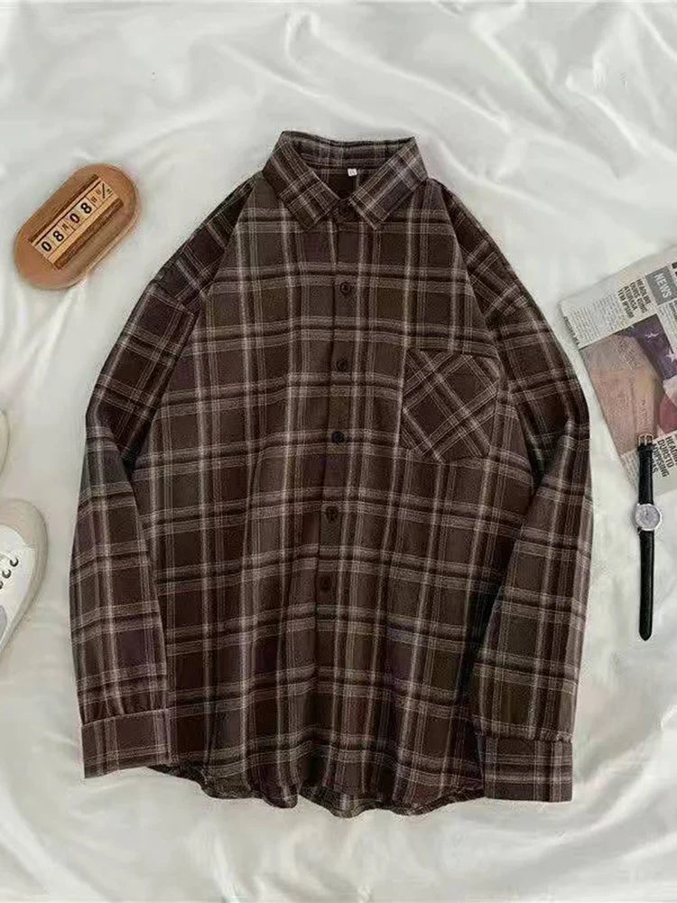 maoxiangshop Vintage Women Plaid Shirts Autumn Long Sleeve Oversize Button Up Tops Korean Loose Casual Fall Outwear Femme Shirts