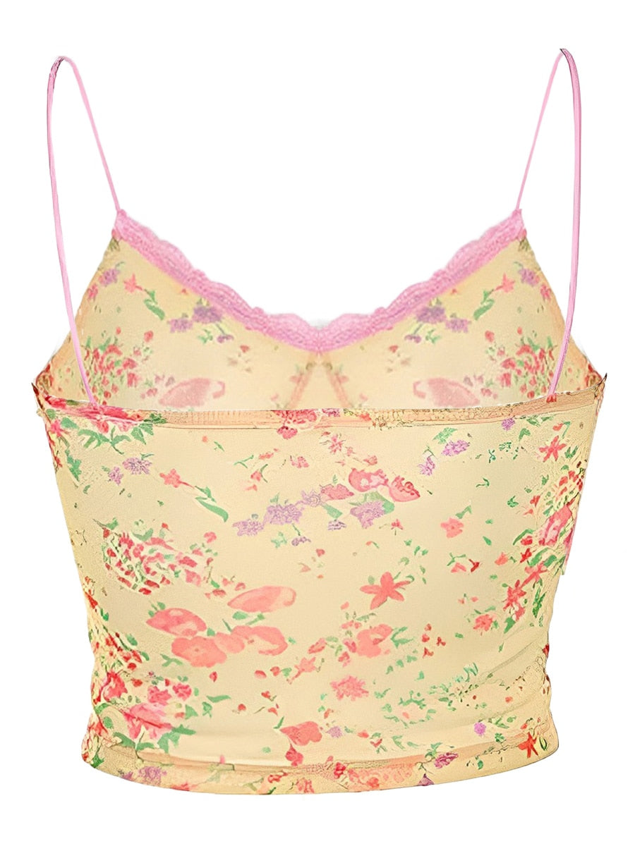 maoxiangshop Rteyno Women s Summer Mini Sling Vest Sleeveless Backless V Neck Lace Trim Floral Camisole