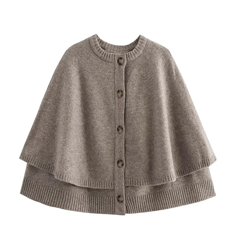 maoxiangshop - Chic Knitted Cape Cardigan Women Casual Solid Single-Breasted O-neck Sweaters Female Autumn Loose Versatile Simple Knitwear