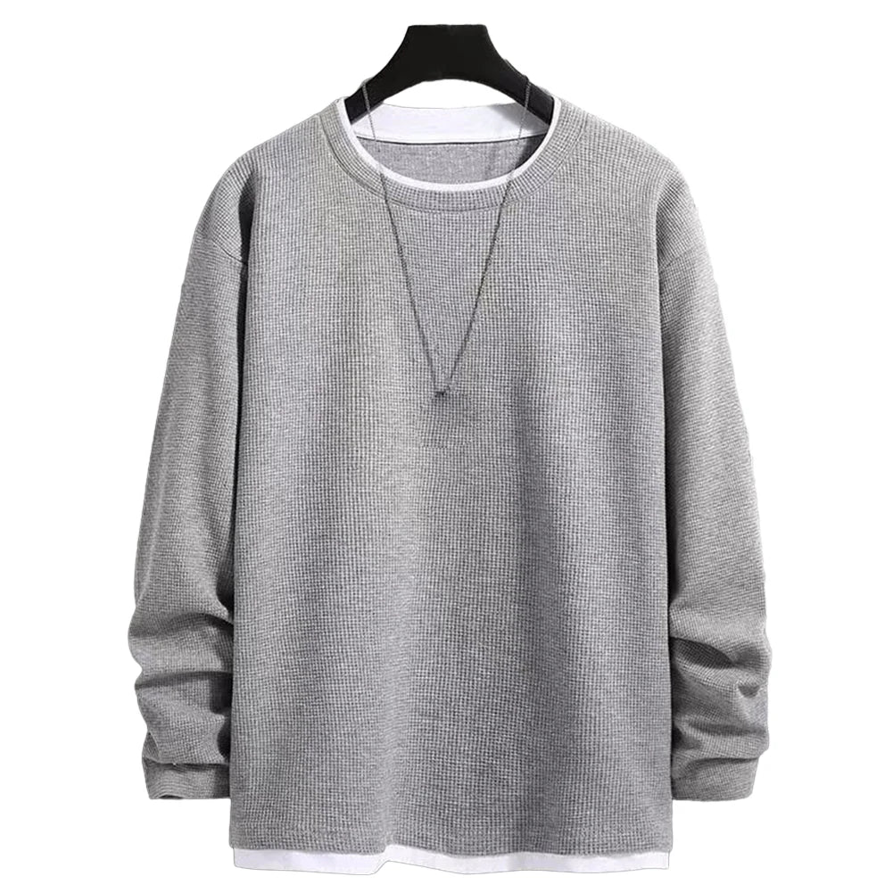 maoxiangshop Autumn Men's Round Neck T-Shirts Fashion Fake-two Pieces Street Long Sleeve T-shirt Sports Athletic Pullover Blouse Tops For Man