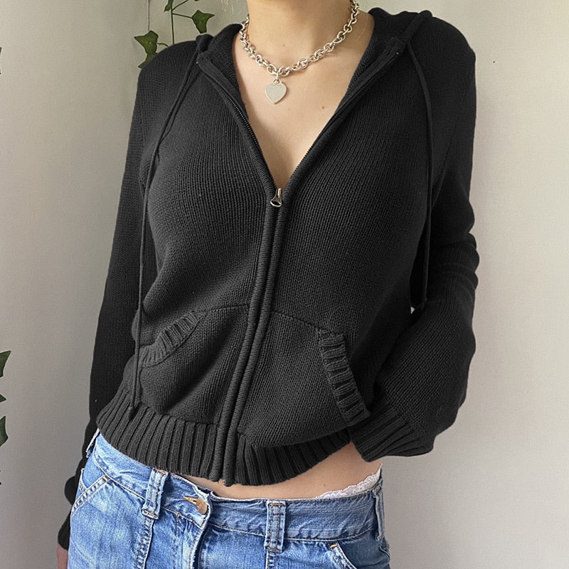 Vintage Brown Y2K Hooded Sweaters Women Autumn Winter Lantern Sleeve Zip Up Jacket Cardigan Knitted Hoodies Cropped Cardigan