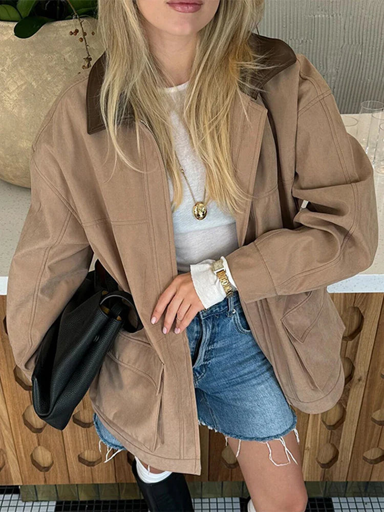 maoxiangshop - Casual Leather Lapel Jackets Women Vintage Khaki Zipper Pockets Jacket Coat Female Autumn Winter Chic High Street Outwear
