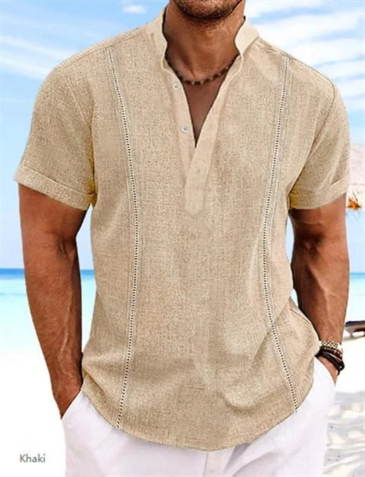 maoxiangshop 2024 Summer New Men's Short Sleeve Henri Collar Solid Color Cuban Guayabera Cotton Shirt Fashion Trend Beach Men's Top
