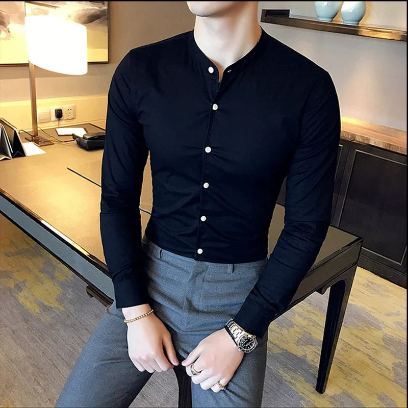 maoxiangshop Men Slim Fit Shirt Autumn Cotton Solid Stand Collar Casual Business Long-sleeved Shirts Male Fashion Camisas Men Clothing