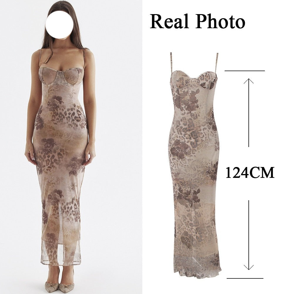 maoxiangshop Floral Print Maxi Prom Dress Sexy Mesh Celebrity Evening Party Dresses Bodycon Spaghetti Strap Summer Women Dresses