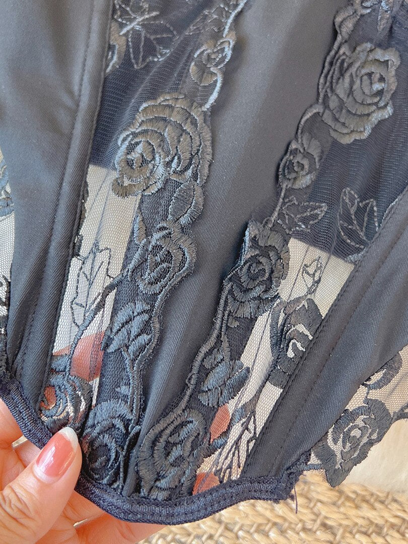 maoxiangshop Sexy See Through Mesh Bustier Top Women Fashion Summer Black Camis Floral Embroidery Fishbone Skinny Club Party Crop Tops