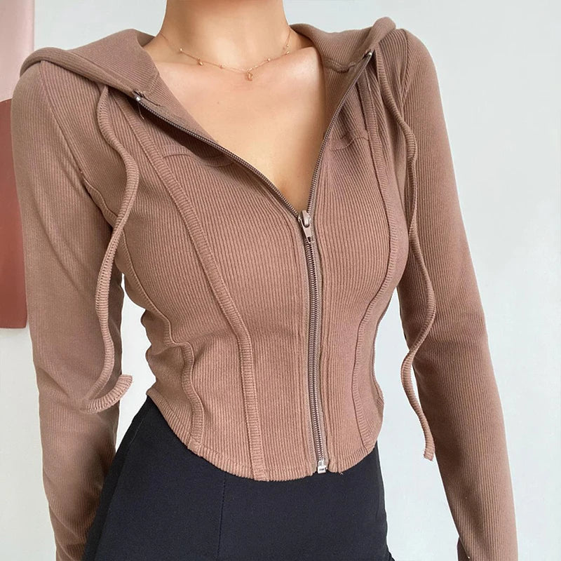 maoxiangshop-Streetwear Slim Fit Cropped Jacket Women Korean Fashion Long Sleeve Hooded Crop Top Woman Wild Ribbed Zipper Up Sweatshirt Mujer