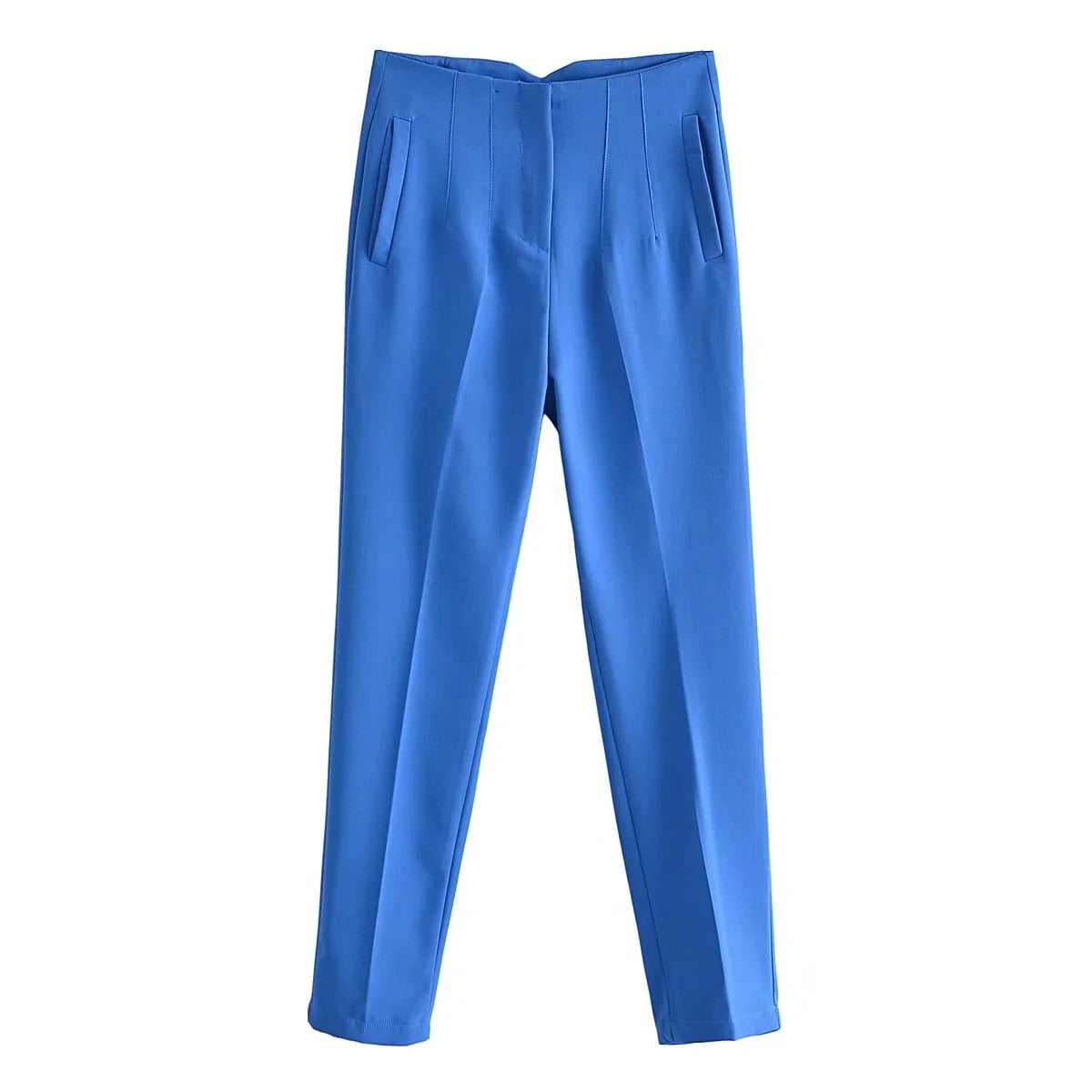 maoxiangshopWomen Light Blue Chic Fashion Office Wear Straight Pants Vintage High Waist Zipper Fly Female Trousers Fashion