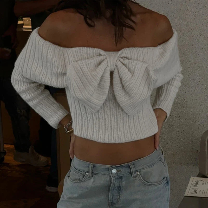 maoxiangshop - Bows One-Shoulder Knitted Sweater For Women Sexy Navel Exposed Long Sleeve Ribbed Top Pullover Female Slim Autumn Fashion