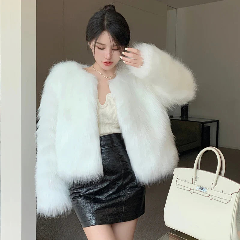 Fashion Harajuku Faux Fox Fur Coat Women Winter Korean Slim Leather Jacket Female Casual Natural Color Open Stitch Coat
