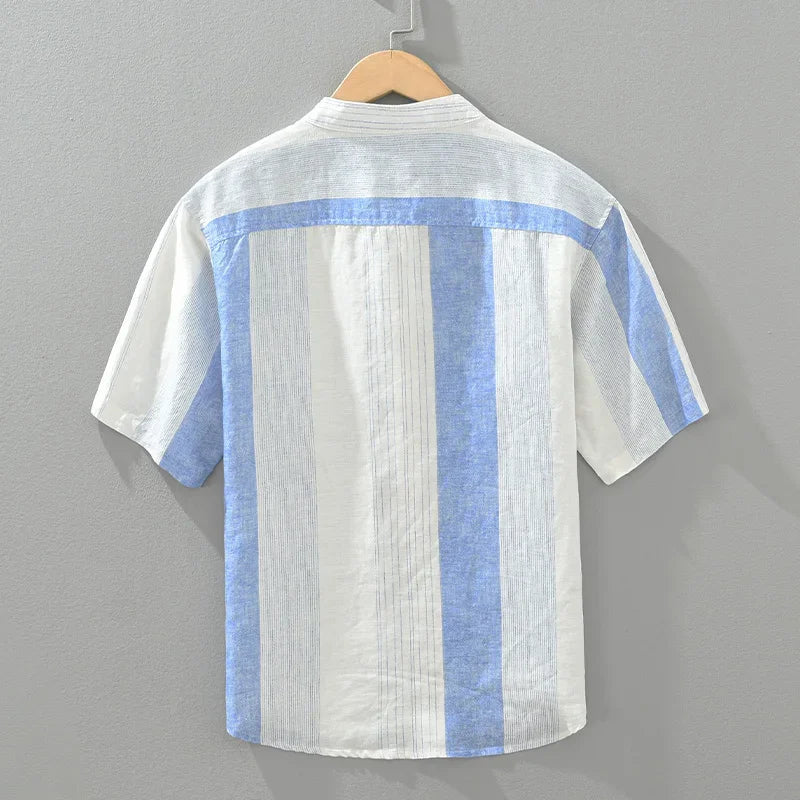 maoxiangshop 2024 Summer New 100%Linen Pullover Short Sleeve Shirts for Men Fashion Striped Casual Loose Shirts