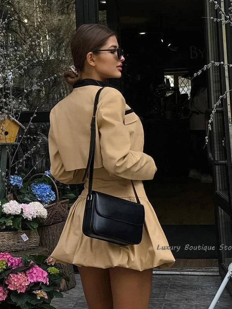 maoxiangshop - Khaki Women Street Fashion Suit Patchwork Crop Tops Shirts + Bud Skirts Two Pieces Sets Autumn 2024 Sexy Mini Skirts Outfit
