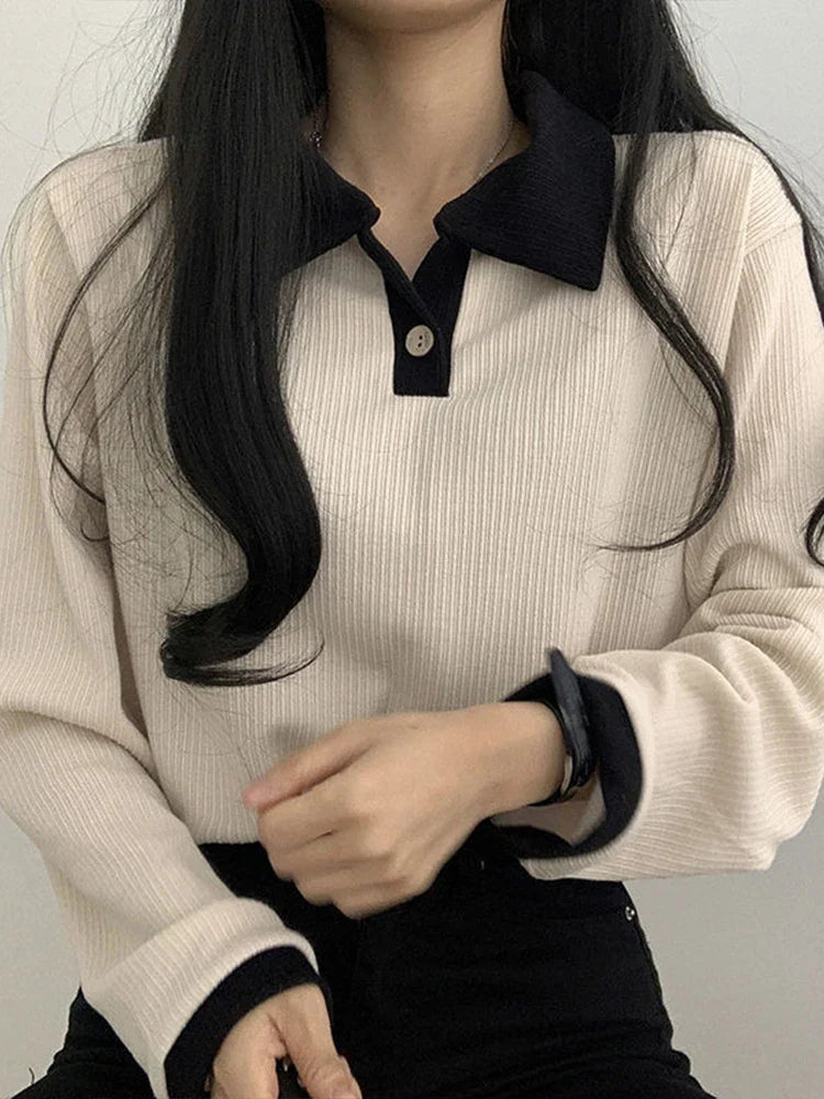 maoxiangshop Casual Women T-shirts Korean Fashion Sweet Preppy Style Tops Female Autumn Long Sleeve Turn Down Collar Basic Pullovers Tees