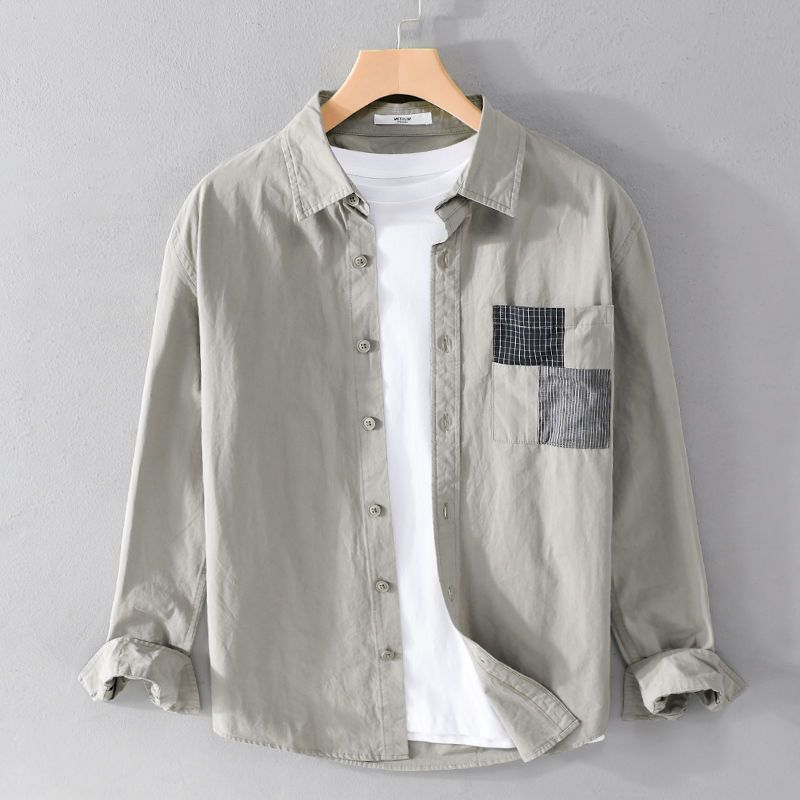 maoxiangshop Spring Autumn Solid Long Sleeve Shirt Men Clothing Turn-down Collar Loose Casual Cardigan Man Simple Printed Pocket Tops
