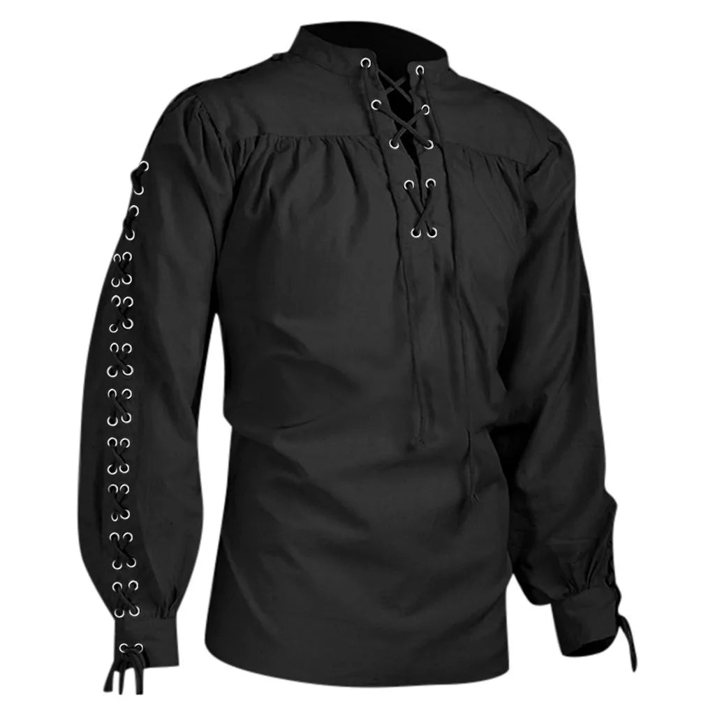 maoxiangshop Shirts Men Tunic Viking Pirate Costume Gothic Clothes Men Vintage Shirt Ruffle Neckline Drawstring Knight Cosplay Top
