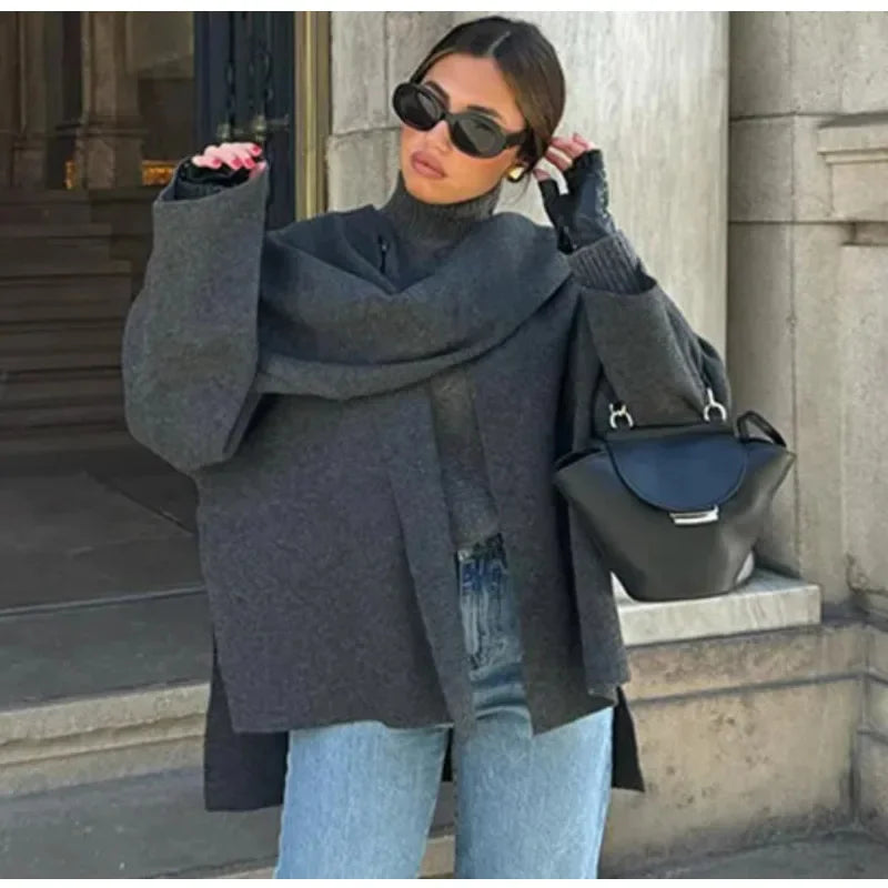 maoxiangshop - Fashion Asymmetric Scarf Knitted Jacket Women O Neck Single Button Side Slit Solid Loose Coat Winter New Female Chic Outerwear
