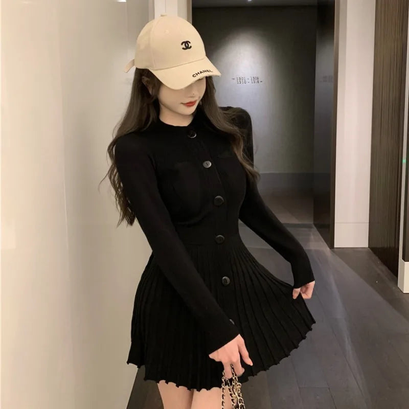 maoxiangshop Womens Dresses Bodycon Crochet Knitted Pleated Female Dress Sale Harajuku Elegant and Pretty Thic Y2k Trendy Retro Clothing