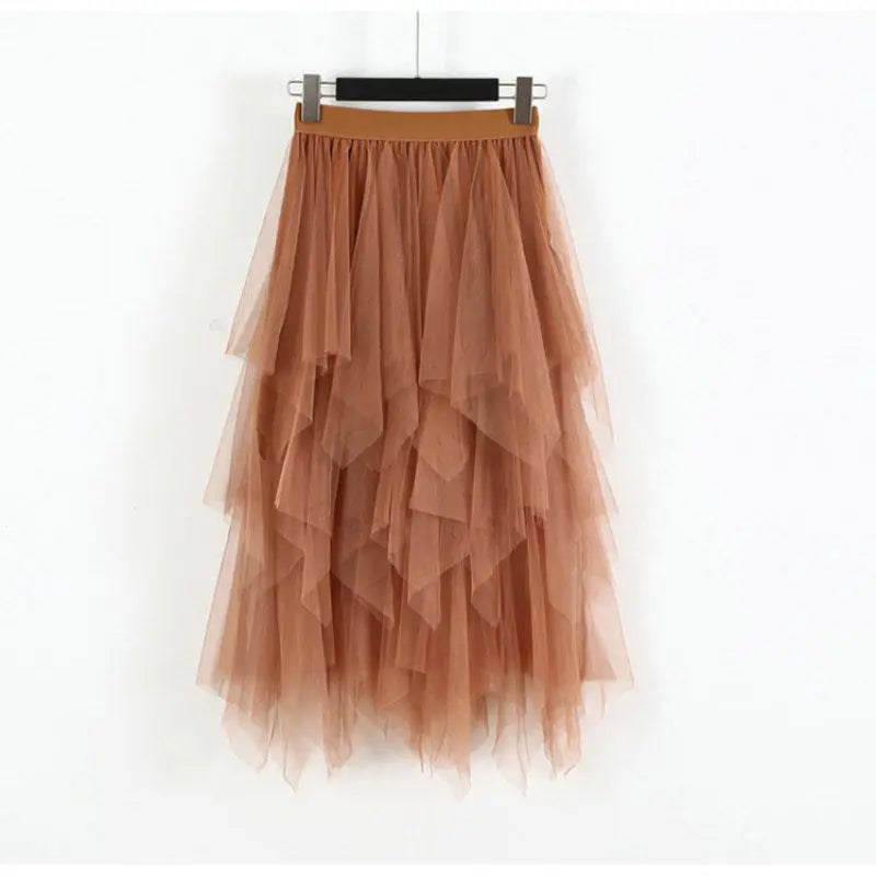 maoxiangshop Women High Waist Ruffles Mesh Long Tulle Skirt Irregular Hem Mesh Tutu Skirt Lady Elegant Solid Party Gown Skirt