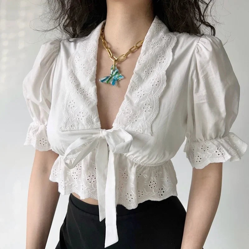 maoxiangshop Ruffle White Shirt Women Crop Top Sexy Hollow Out Elegant Puff Sleeve V-neck Bow Lace-up Blouses Summer Cute Short Shirt