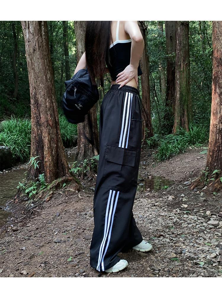 maoxiangshopHigh Waist Drawstring Cargo Pant Wide Leg Joggers Trousers Striped Harajuku Baggy Parachute Pants Sweatpants Women Clothes Y2k